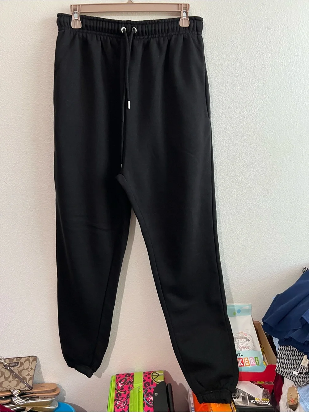 Boohoo Black Joggers with Red Heart Pocket Patch